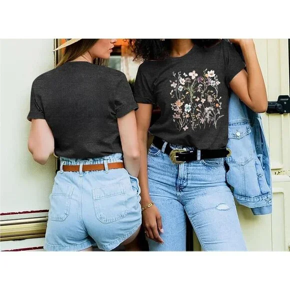Women Grey   Flower T Shirt Vintage Floral Graphic Shirt  Garden Lover Top - Picture 5 of 6